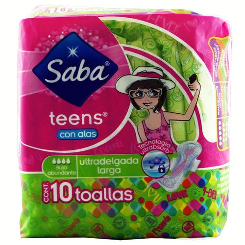 Toalla Sanitaria Con Alas Saba Teens Ultradelgadas L10 Un